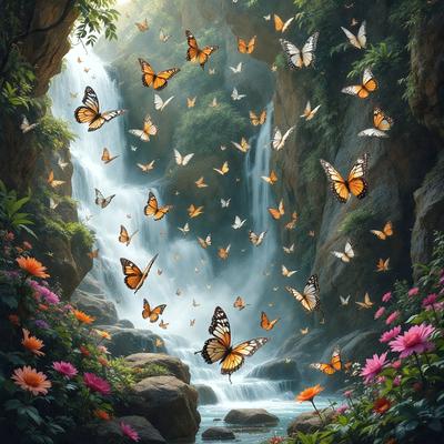 The primary subject of the image is a waterfall surrounded by a lush green forest filled with butterflies. The setting is a serene, natural environment with a waterfall cascading down the rocks. The visual style is a digital art or illustration, creating a vibrant and colorful scene. The colors and mood are lively and joyful, with the butterflies adding a sense of playfulness and freedom to the image.